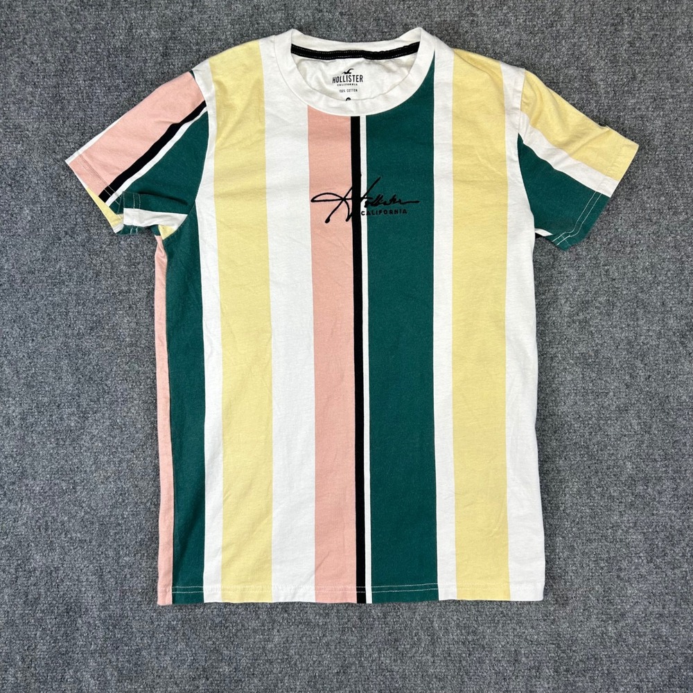 Hollister Mens Striped Script Logo T-Shirt White Green Pink Yellow XS